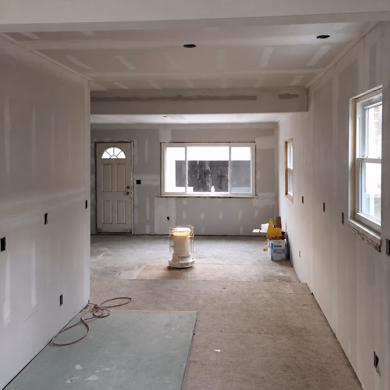 Room under construction with drywall installed, a heater in the center, and construction materials on the floor.