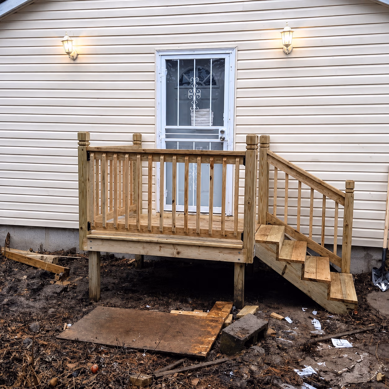 Small newly built wooden deck with stairs leading to a white door on a beige siding house.
