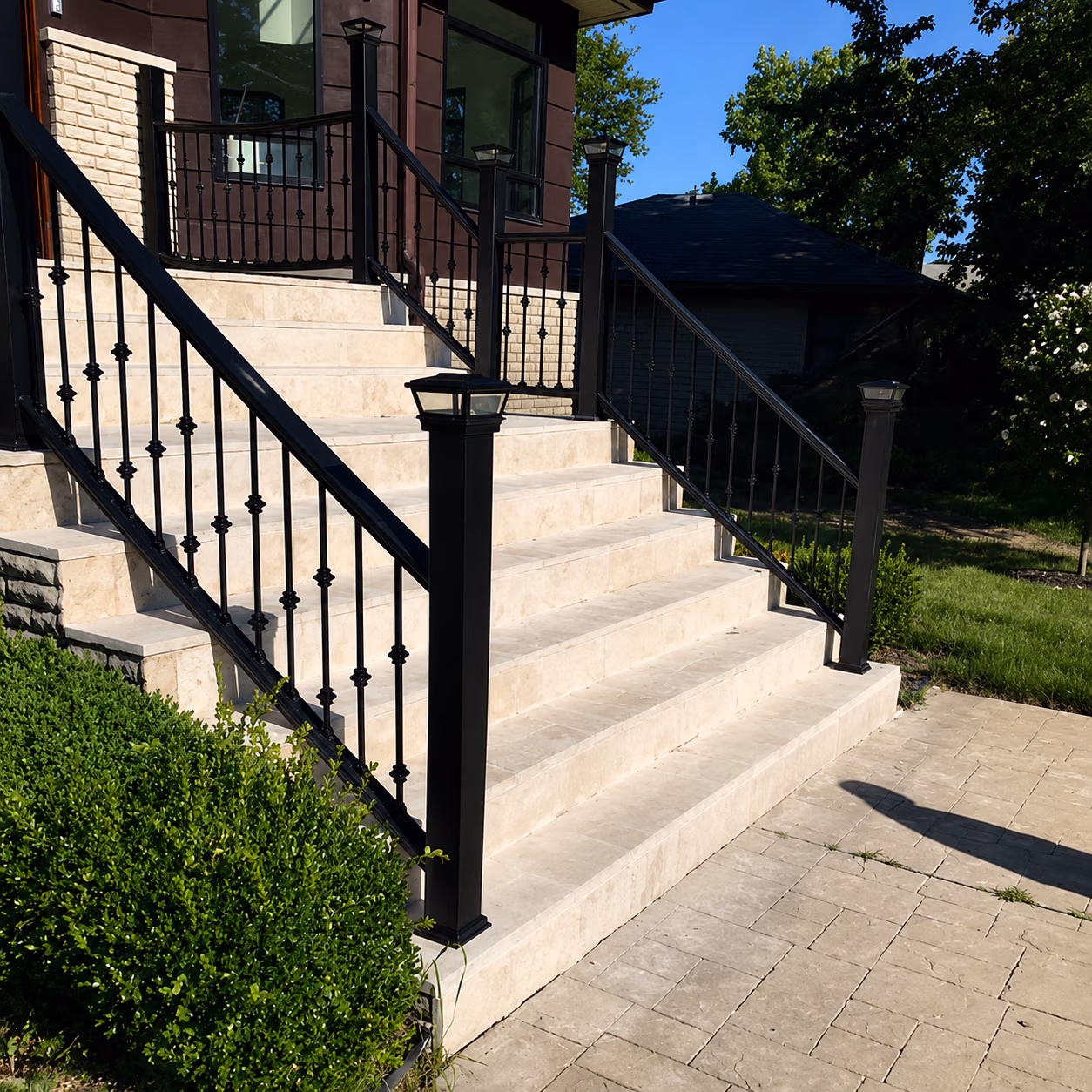 Outdoor beige stone stairs with black metal railings and lamp posts leading to a building entrance.