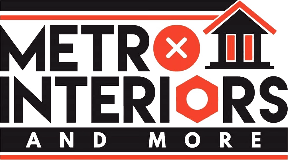 Metro Interiors and More logo with black and red text and house roof icon.